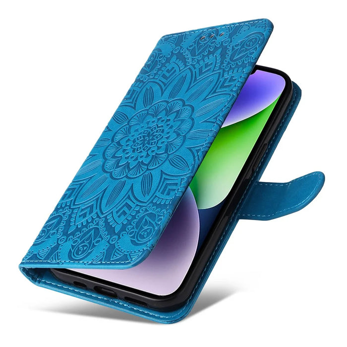 For iPhone 15 Plus Shockproof Sunflower Imprinted Stand PU Leather Cover Wallet Case - Blue - 5