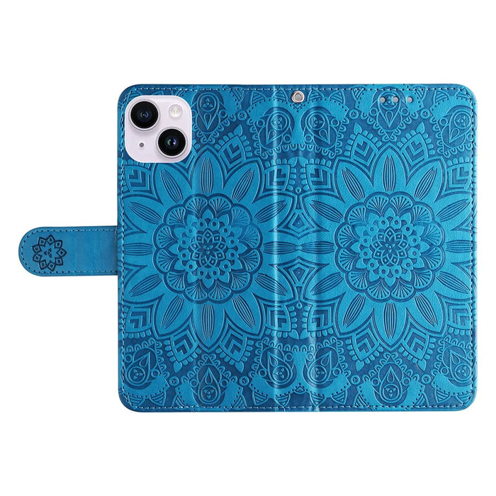 For iPhone 15 Plus Shockproof Sunflower Imprinted Stand PU Leather Cover Wallet Case - Blue - 6