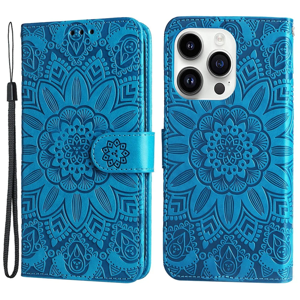 For iPhone 15 Pro Wallet Phone Case Shockproof Sunflower Imprinted Stand PU Leather Cover - Blue - 1