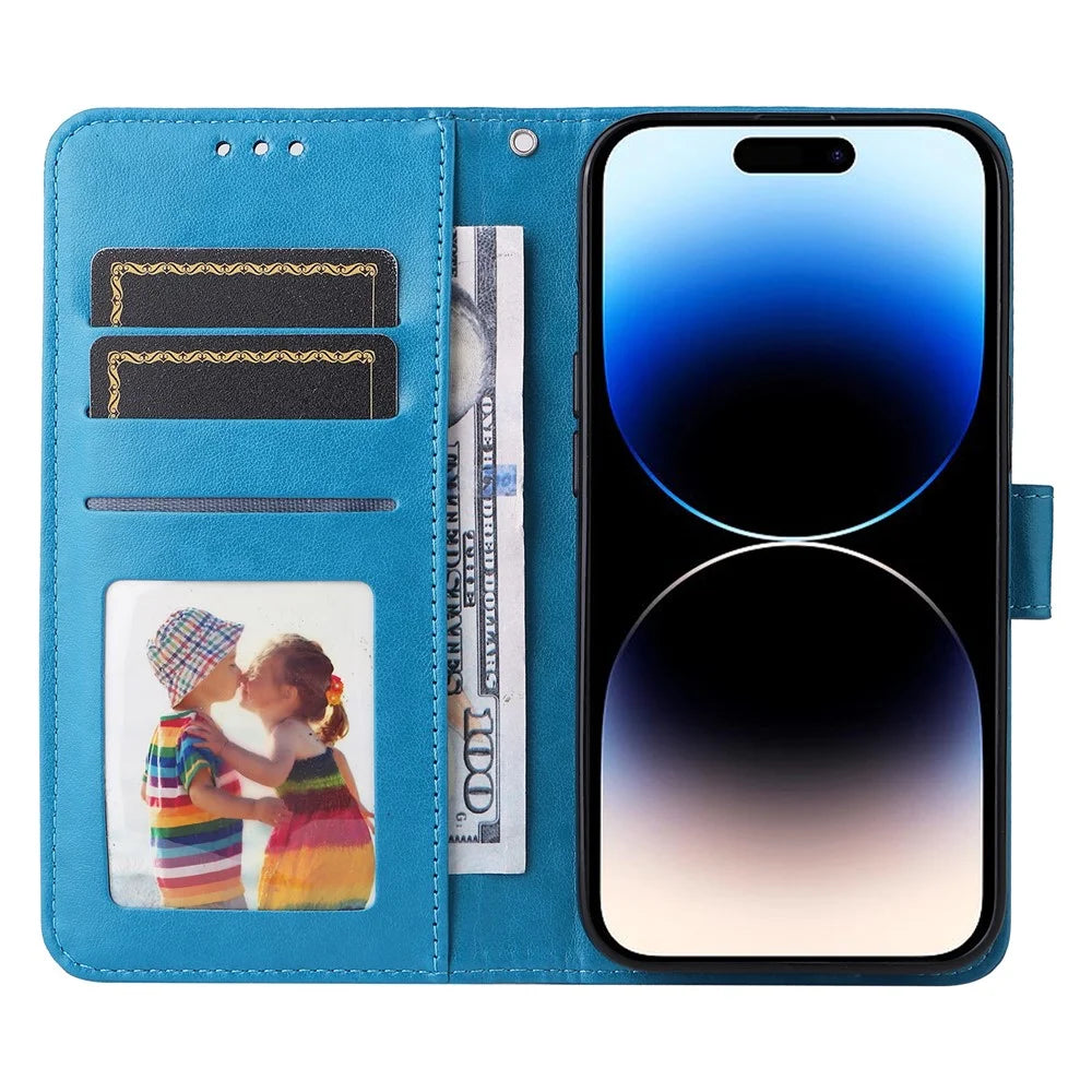 For iPhone 15 Pro Wallet Phone Case Shockproof Sunflower Imprinted Stand PU Leather Cover - Blue - 2