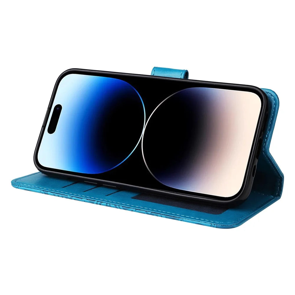 For iPhone 15 Pro Wallet Phone Case Shockproof Sunflower Imprinted Stand PU Leather Cover - Blue - 3