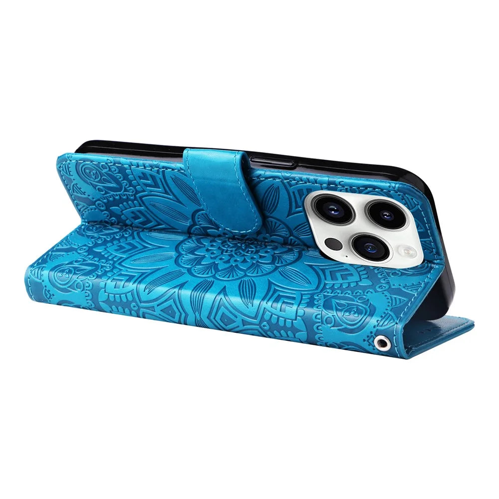 For iPhone 15 Pro Wallet Phone Case Shockproof Sunflower Imprinted Stand PU Leather Cover - Blue - 4