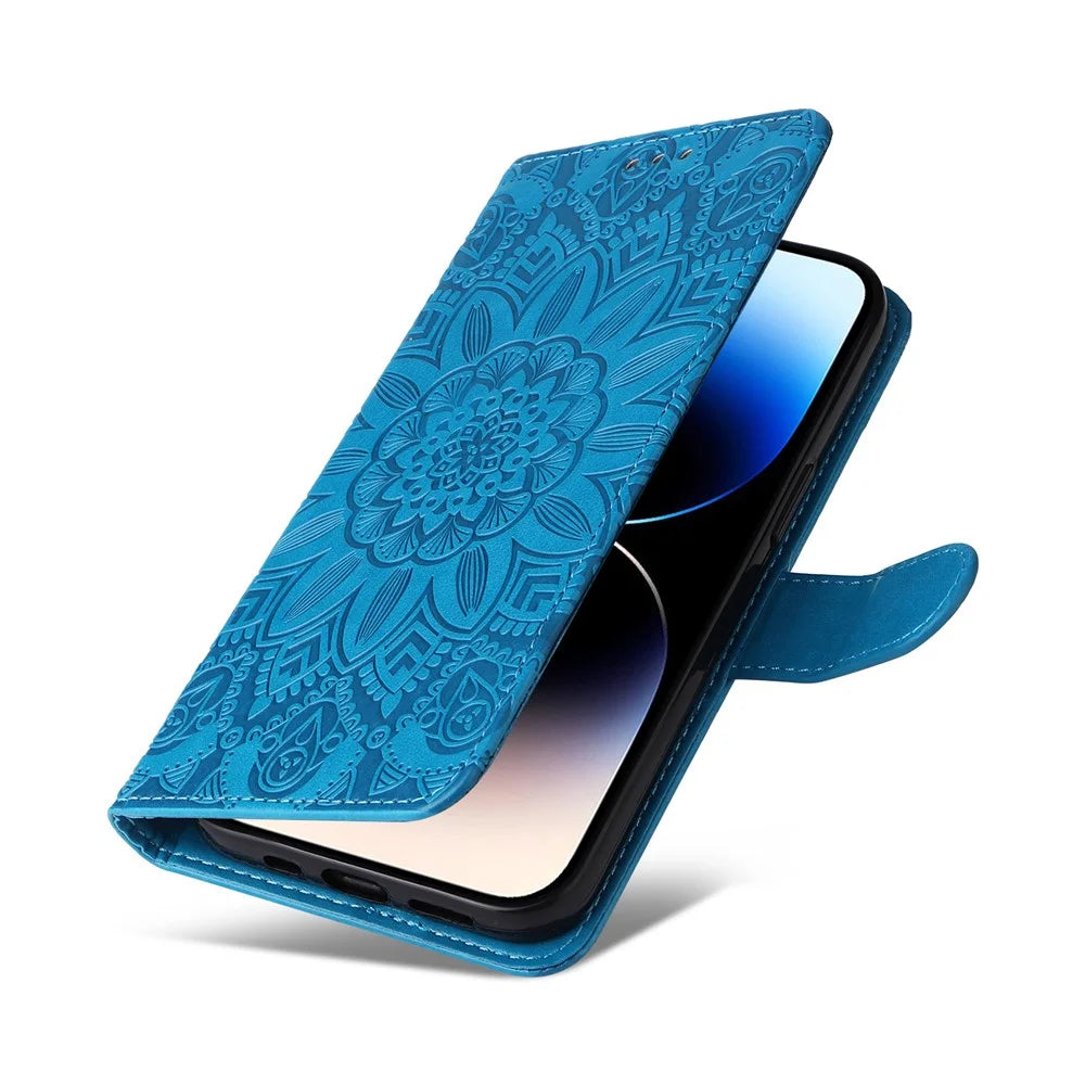 For iPhone 15 Pro Wallet Phone Case Shockproof Sunflower Imprinted Stand PU Leather Cover - Blue - 5
