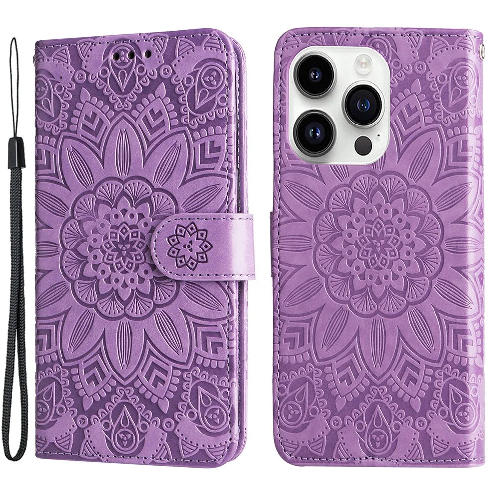 For iPhone 15 Pro Max Phone Stand PU Leather Cover Shockproof Sunflower Imprinted Wallet Case - Purple - 1