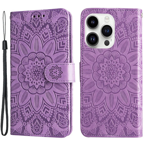 For iPhone 15 Pro Max Phone Stand PU Leather Cover Shockproof Sunflower Imprinted Wallet Case - Purple - 1
