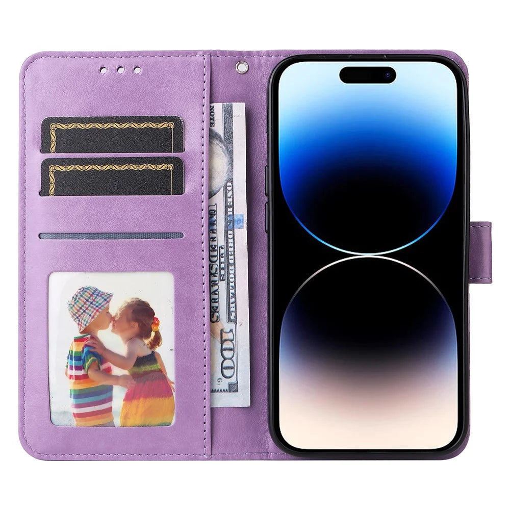 For iPhone 15 Pro Max Phone Stand PU Leather Cover Shockproof Sunflower Imprinted Wallet Case - Purple - 2