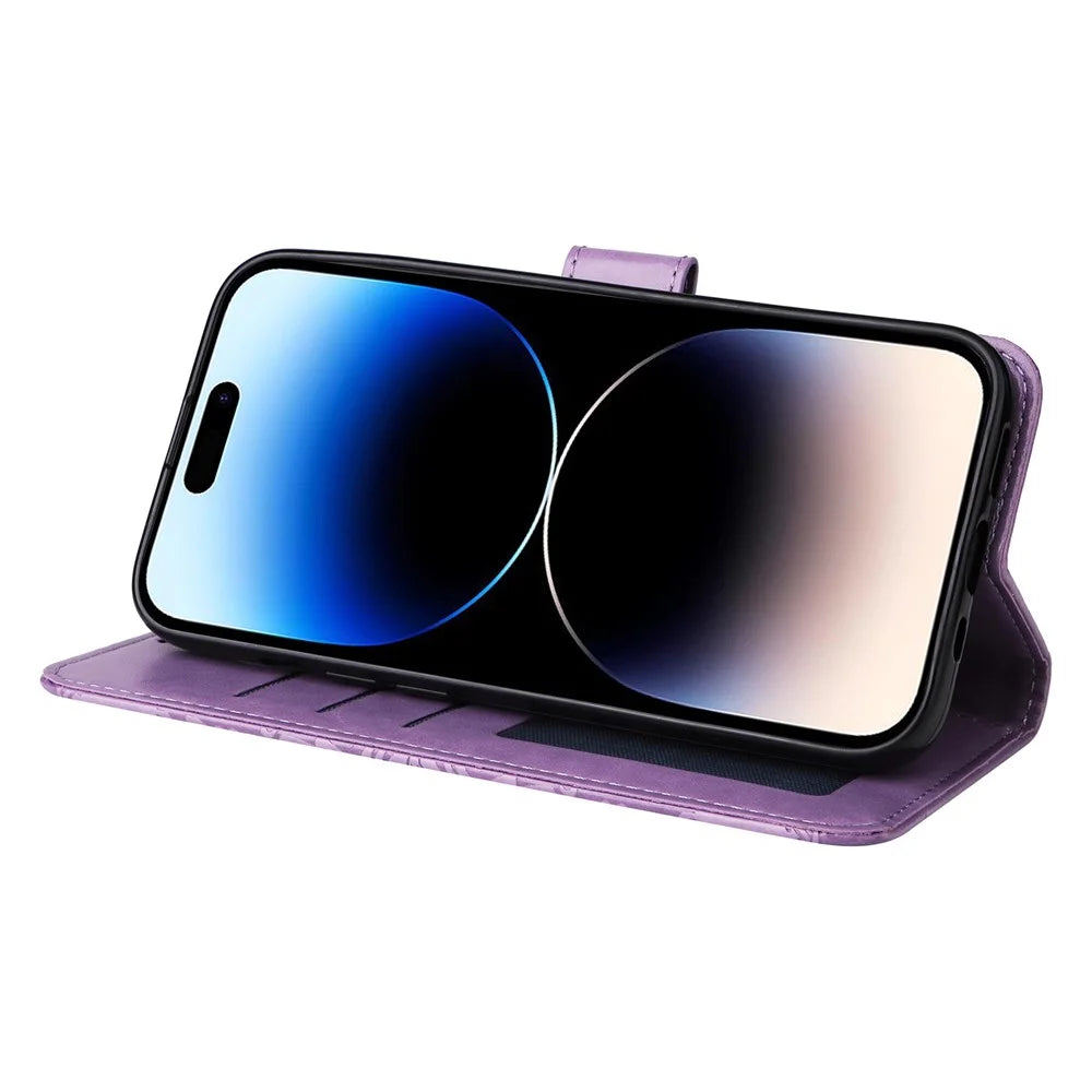 For iPhone 15 Pro Max Phone Stand PU Leather Cover Shockproof Sunflower Imprinted Wallet Case - Purple - 3