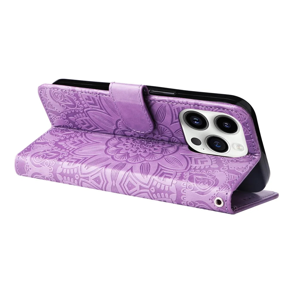 For iPhone 15 Pro Max Phone Stand PU Leather Cover Shockproof Sunflower Imprinted Wallet Case - Purple - 4