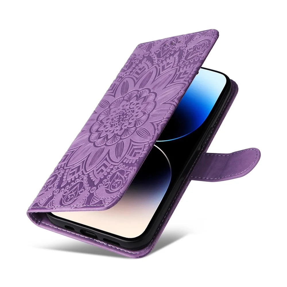 For iPhone 15 Pro Max Phone Stand PU Leather Cover Shockproof Sunflower Imprinted Wallet Case - Purple - 5