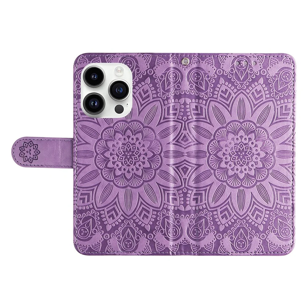 For iPhone 15 Pro Max Phone Stand PU Leather Cover Shockproof Sunflower Imprinted Wallet Case - Purple - 6