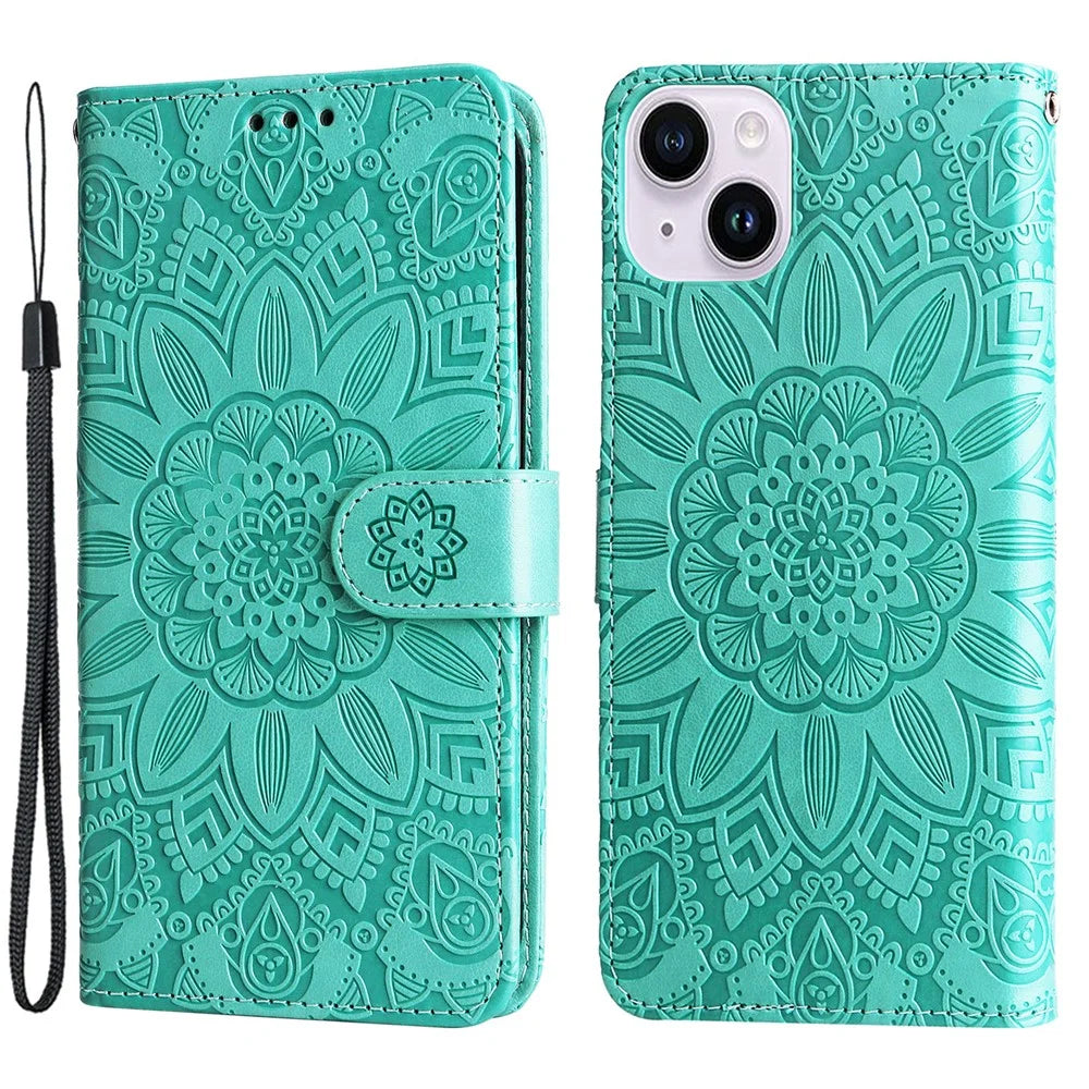 For iPhone 15 Imprinted Sunflower Stand PU Leather Cover Anti-Scratch Wallet Smartphone Case - Green - 1
