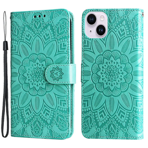 For iPhone 15 Imprinted Sunflower Stand PU Leather Cover Anti-Scratch Wallet Smartphone Case - Green - 1
