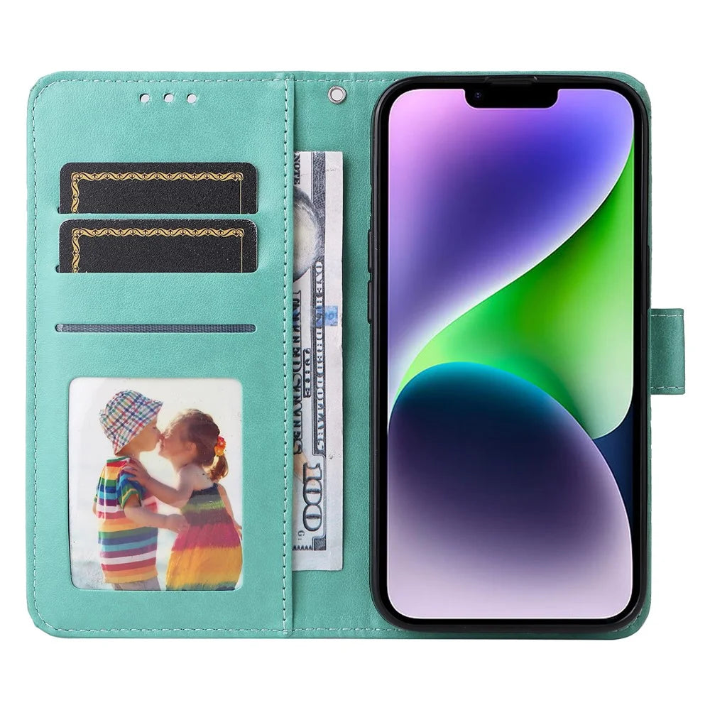 For iPhone 15 Imprinted Sunflower Stand PU Leather Cover Anti-Scratch Wallet Smartphone Case - Green - 2