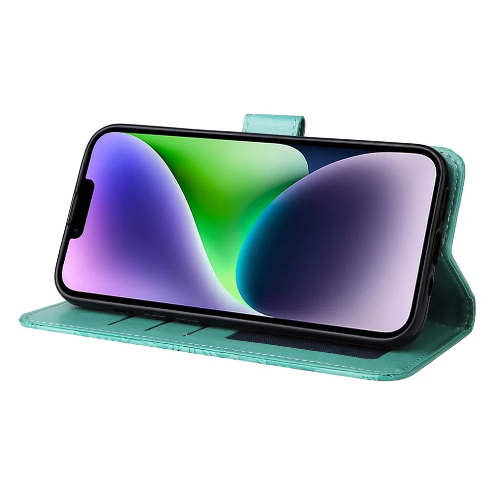 For iPhone 15 Imprinted Sunflower Stand PU Leather Cover Anti-Scratch Wallet Smartphone Case - Green - 3