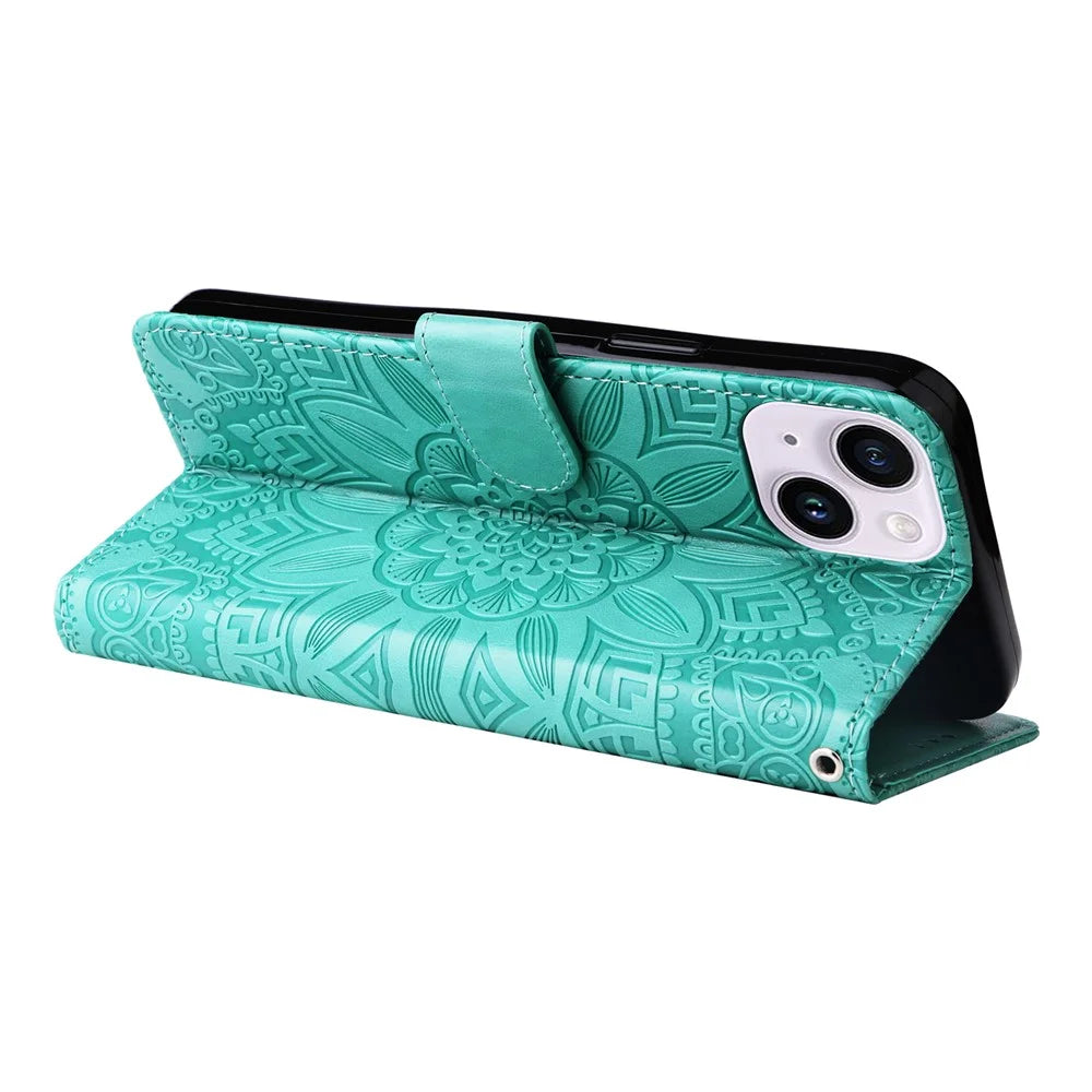 For iPhone 15 Imprinted Sunflower Stand PU Leather Cover Anti-Scratch Wallet Smartphone Case - Green - 4