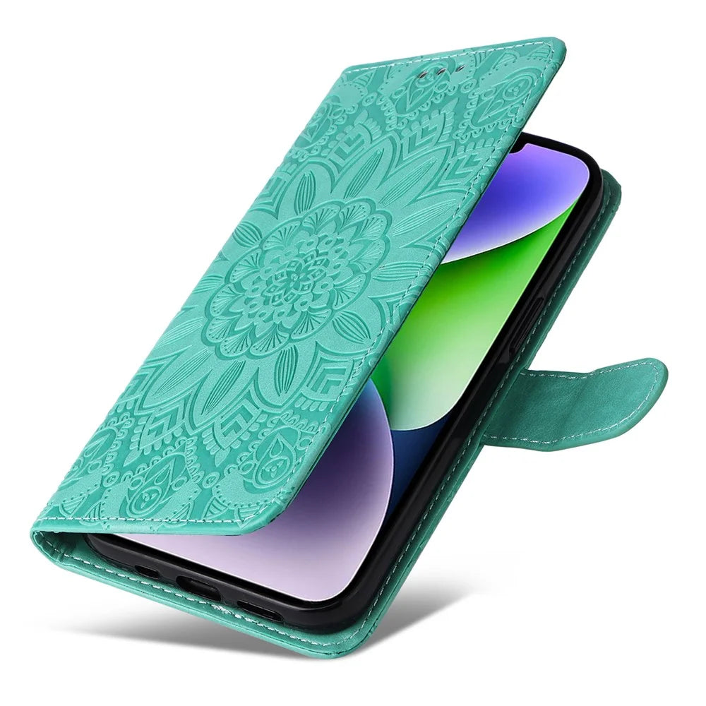 For iPhone 15 Imprinted Sunflower Stand PU Leather Cover Anti-Scratch Wallet Smartphone Case - Green - 5