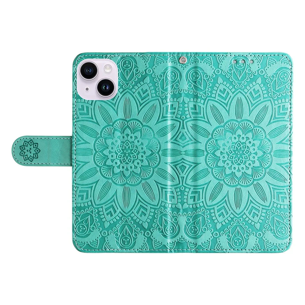 For iPhone 15 Imprinted Sunflower Stand PU Leather Cover Anti-Scratch Wallet Smartphone Case - Green - 6