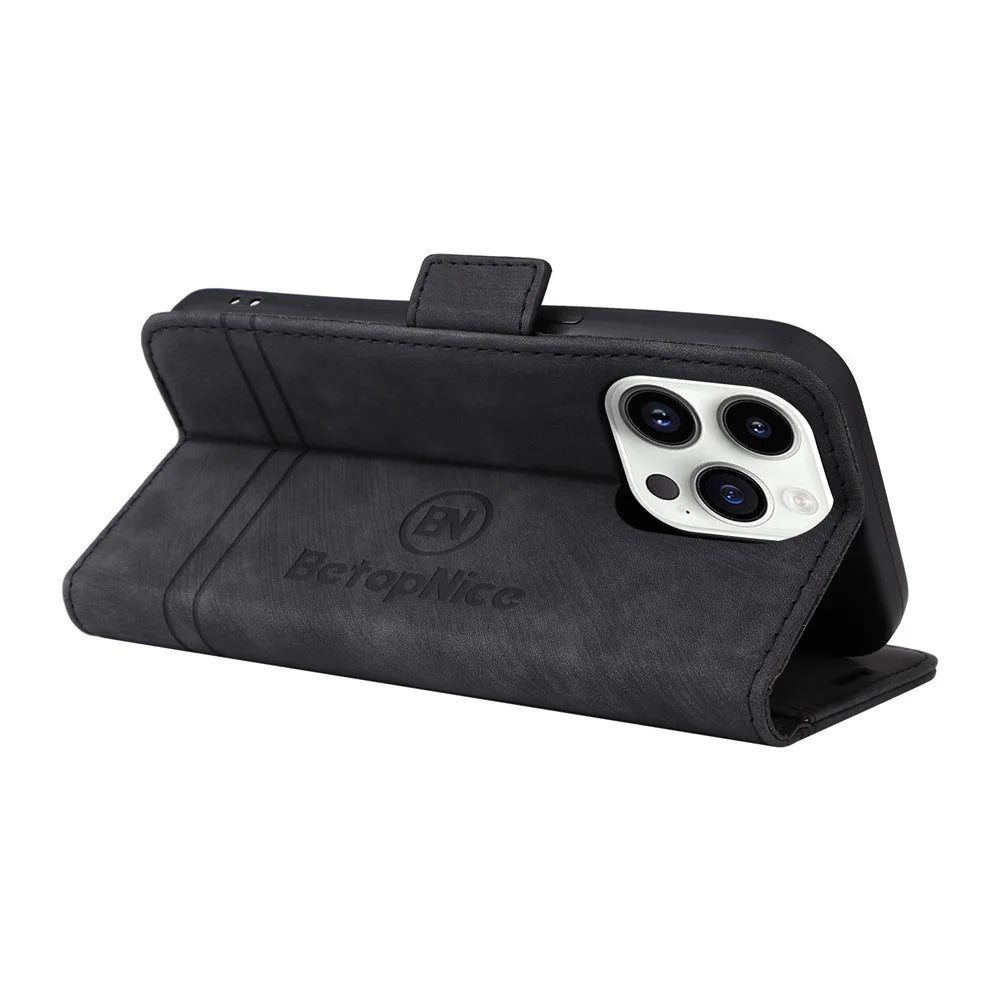 BETOPNICE 001 For iPhone 15 Pro Multifunction Wallet Cell Phone Case Shockproof PU Leather Stand Cover - Black - 4