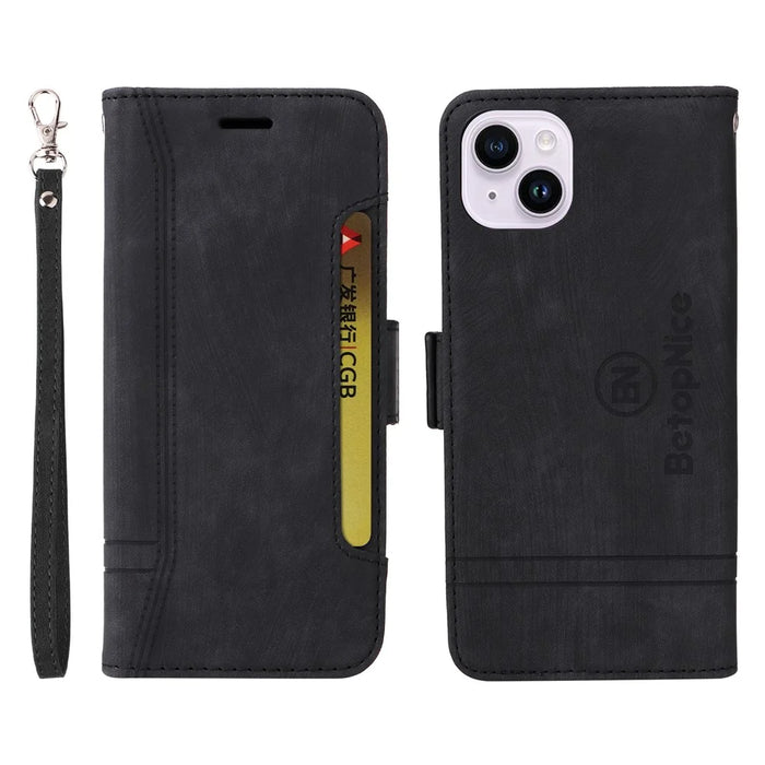 BETOPNICE 001 For iPhone 15 Plus Shockproof PU Leather Stand Cover Multifunction Wallet Cell Phone Case - Black - 1