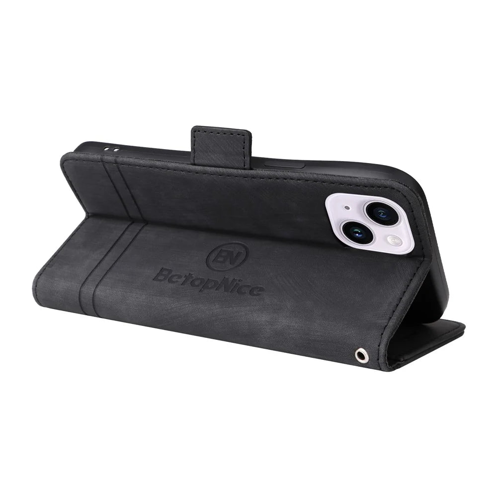 BETOPNICE 001 For iPhone 15 Plus Shockproof PU Leather Stand Cover Multifunction Wallet Cell Phone Case - Black - 4