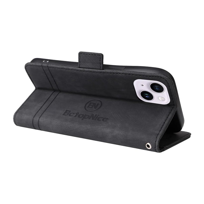 BETOPNICE 001 For iPhone 15 Plus Shockproof PU Leather Stand Cover Multifunction Wallet Cell Phone Case - Black - 4