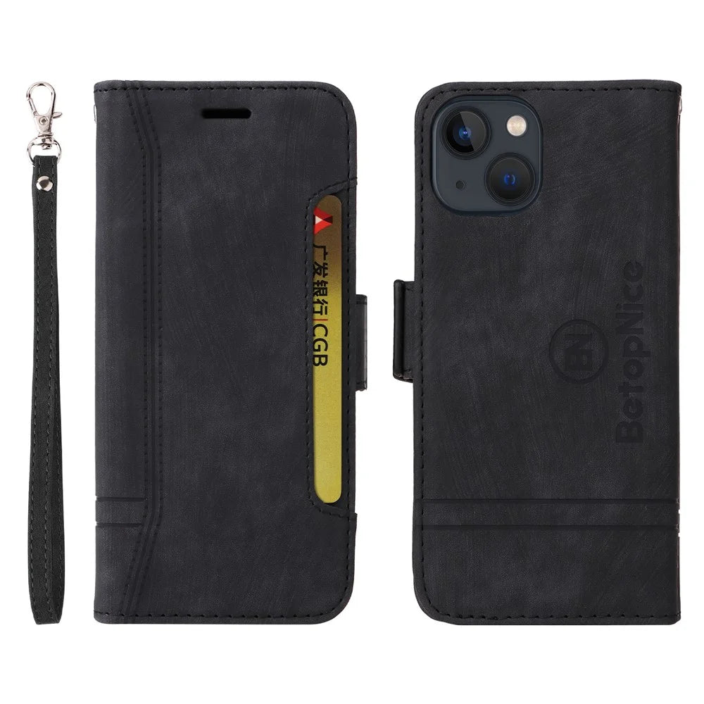 BETOPNICE 001 For iPhone 15 Smartphone Cover Wallet Cell Phone Case Shockproof PU Leather Stand Shell - Black - 1
