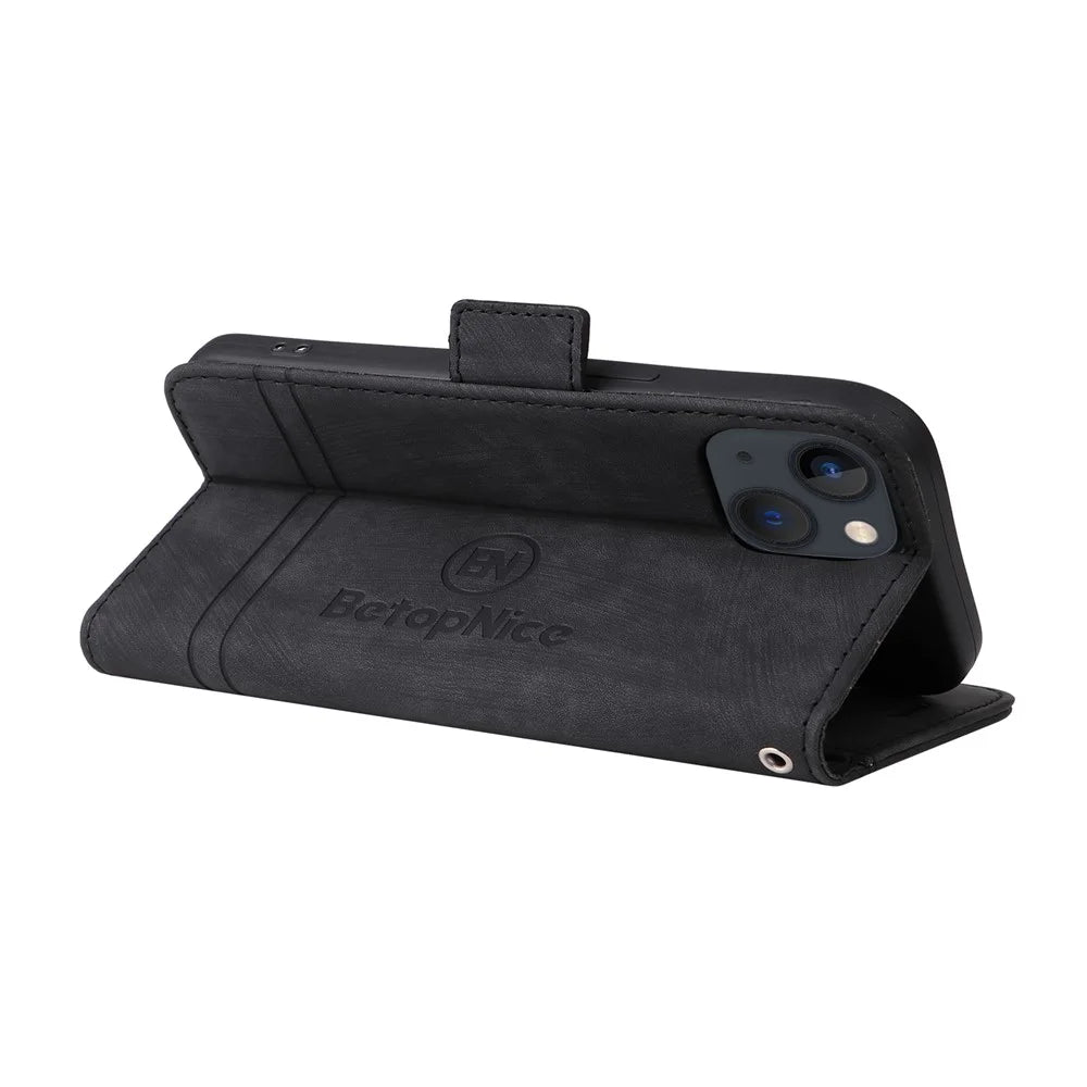 BETOPNICE 001 For iPhone 15 Smartphone Cover Wallet Cell Phone Case Shockproof PU Leather Stand Shell - Black - 4