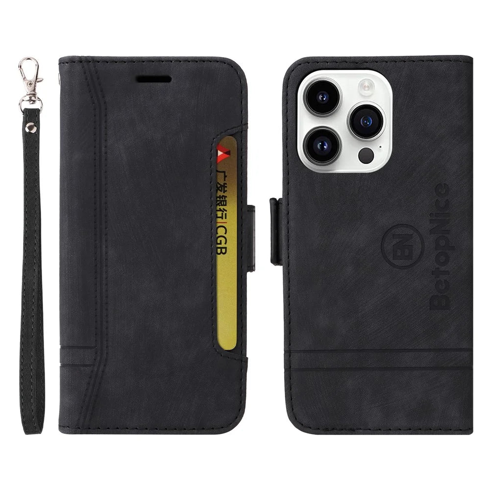 BETOPNICE 001 For iPhone 15 Pro Max Cell Phone Case Shockproof PU Leather Stand Cover Wallet - Black - 1