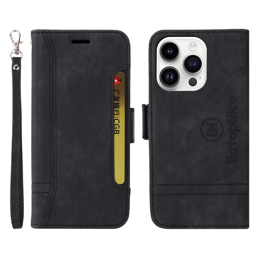 BETOPNICE 001 For iPhone 15 Pro Max Cell Phone Case Shockproof PU Leather Stand Cover Wallet - Black - 1