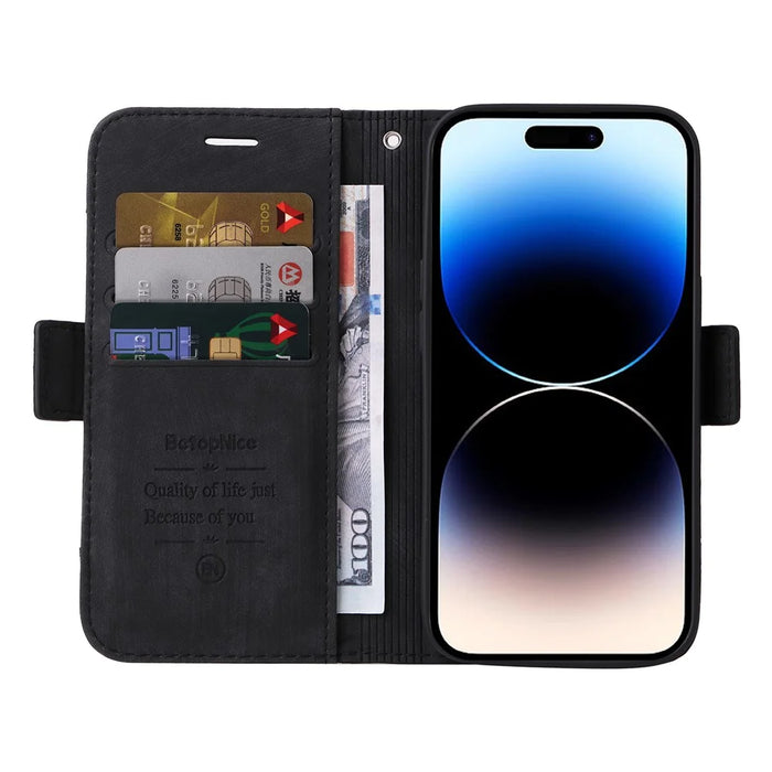 BETOPNICE 001 For iPhone 15 Pro Max Cell Phone Case Shockproof PU Leather Stand Cover Wallet - Black - 2