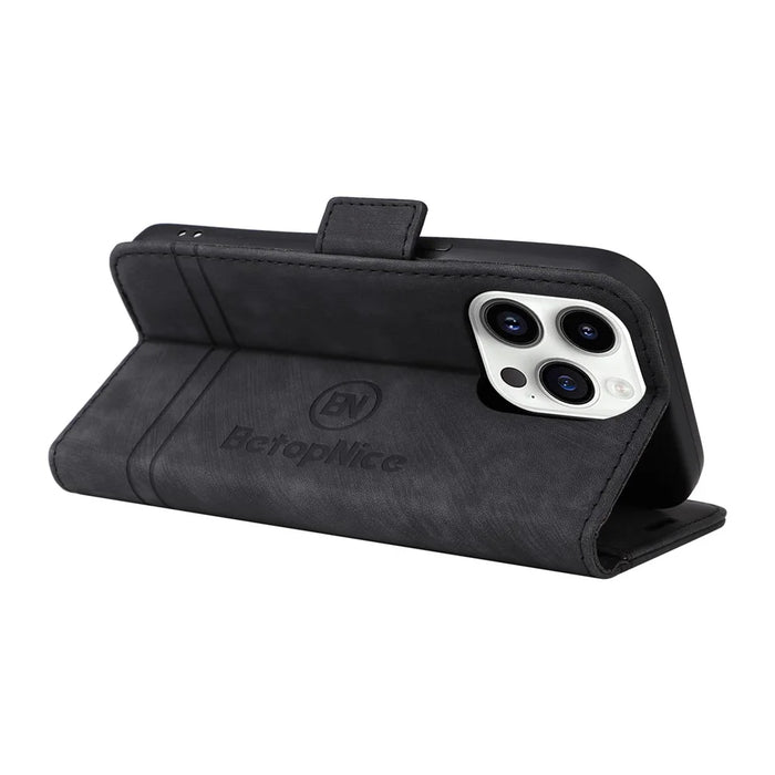 BETOPNICE 001 For iPhone 15 Pro Max Cell Phone Case Shockproof PU Leather Stand Cover Wallet - Black - 4