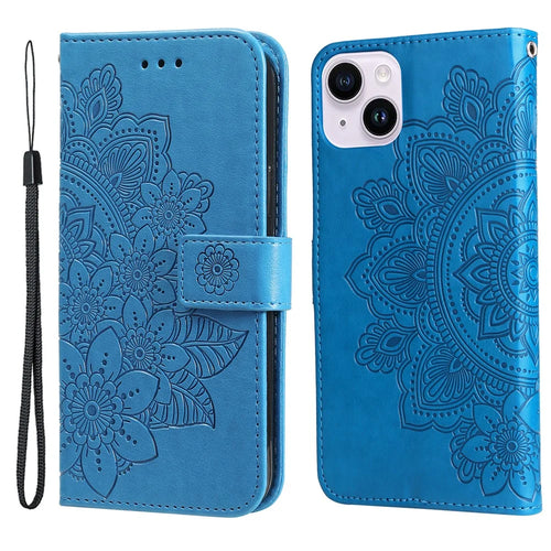For iPhone 15 Plus Case Floral Pattern PU Leather Wallet Stand Phone Cover - Blue - 1