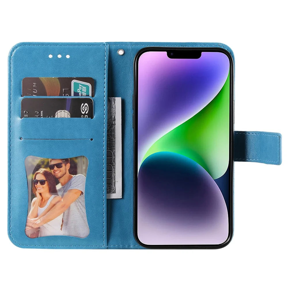 For iPhone 15 Plus Case Floral Pattern PU Leather Wallet Stand Phone Cover - Blue - 2