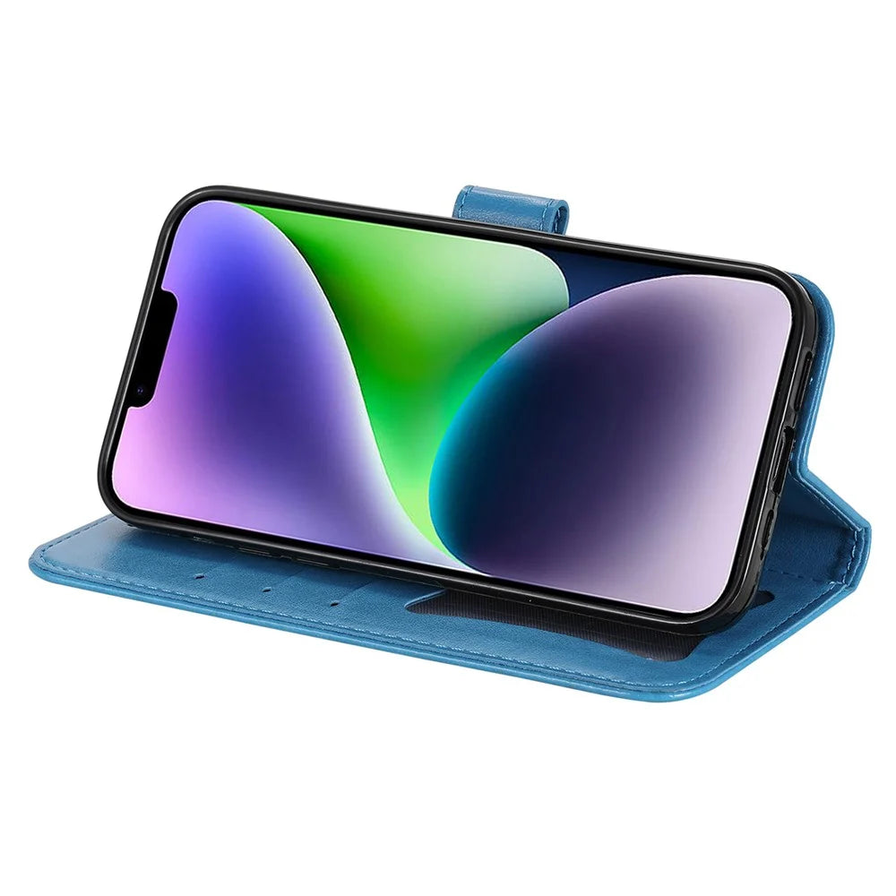 For iPhone 15 Plus Case Floral Pattern PU Leather Wallet Stand Phone Cover - Blue - 3
