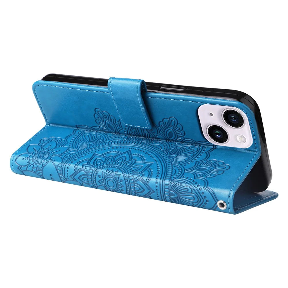 For iPhone 15 Plus Case Floral Pattern PU Leather Wallet Stand Phone Cover - Blue - 4