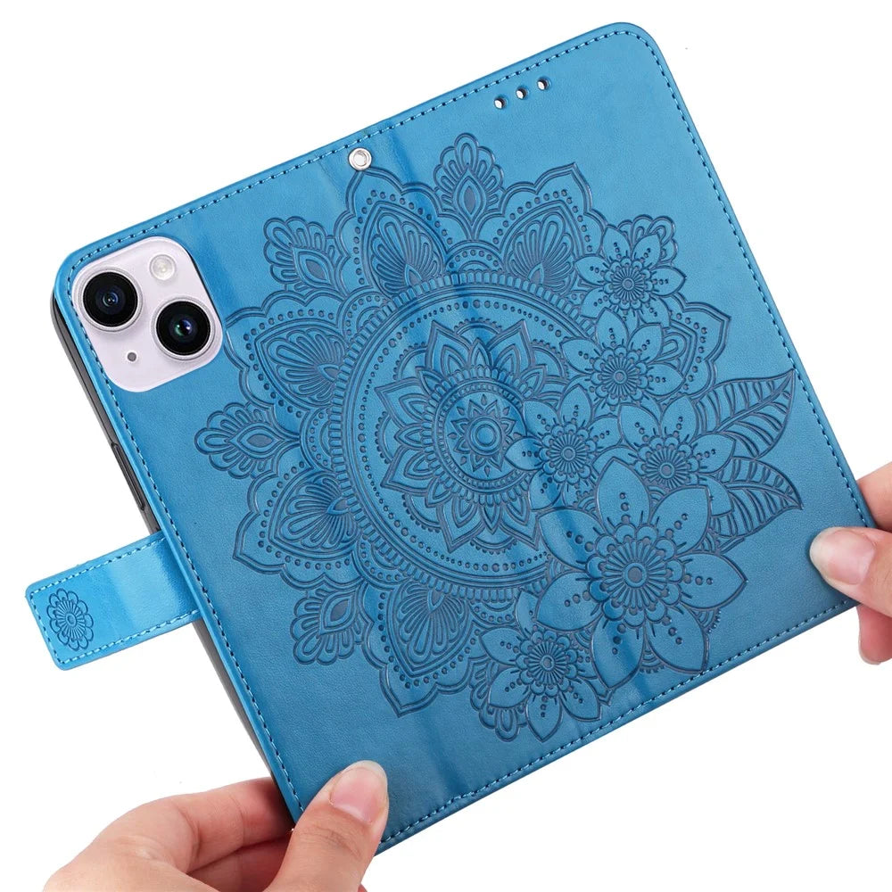 For iPhone 15 Plus Case Floral Pattern PU Leather Wallet Stand Phone Cover - Blue - 5
