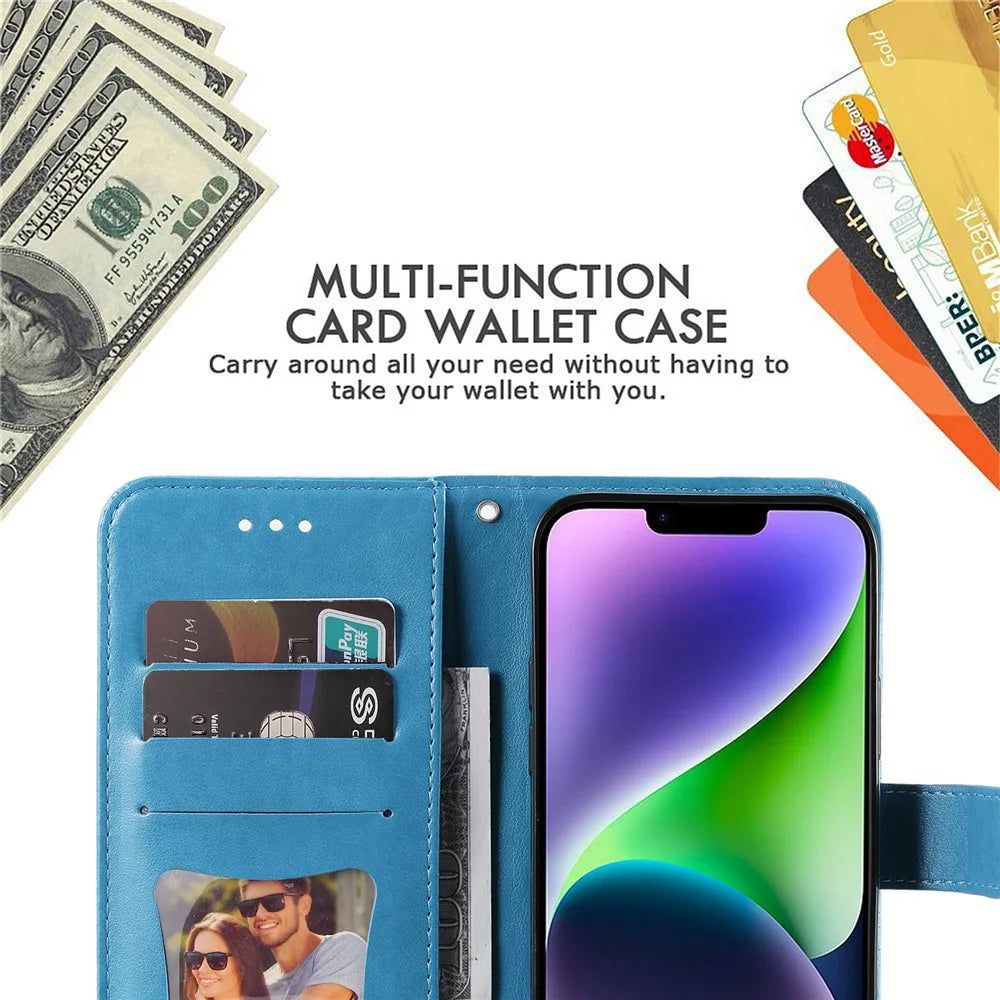 For iPhone 15 Plus Case Floral Pattern PU Leather Wallet Stand Phone Cover - Blue - 6