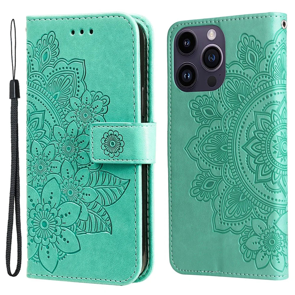For iPhone 15 Pro Max Case Floral Pattern PU Leather Wallet Stand Phone Cover - Green - 1