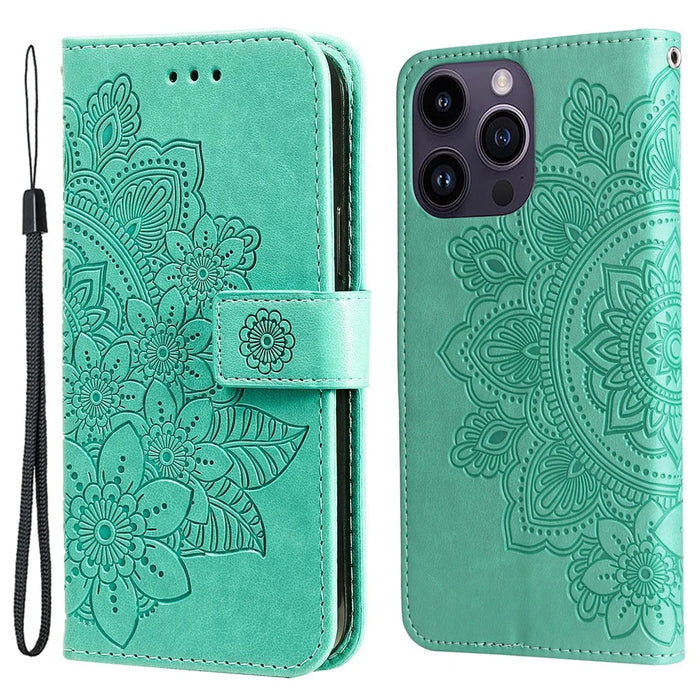 For iPhone 15 Pro Max Case Floral Pattern PU Leather Wallet Stand Phone Cover - Green - 1