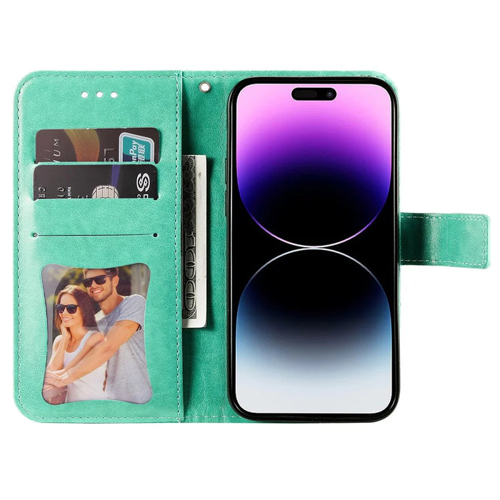 For iPhone 15 Pro Max Case Floral Pattern PU Leather Wallet Stand Phone Cover - Green - 2