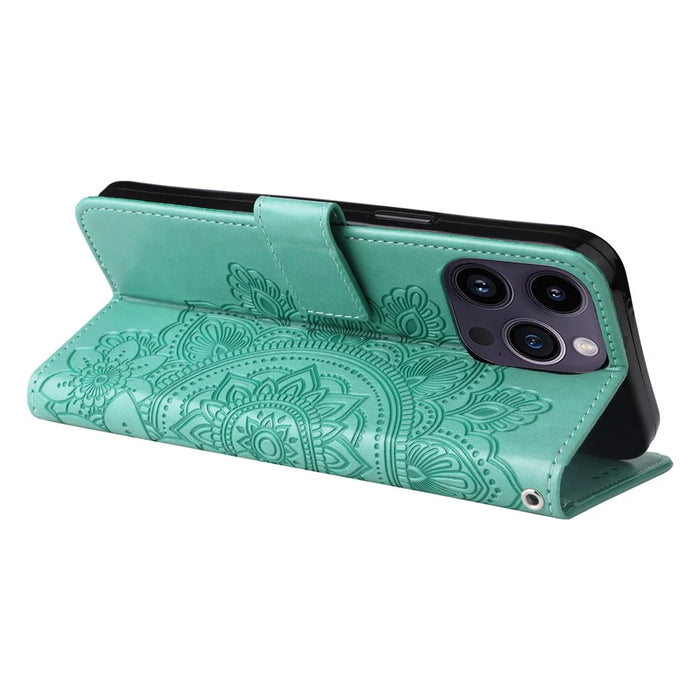 For iPhone 15 Pro Max Case Floral Pattern PU Leather Wallet Stand Phone Cover - Green - 4