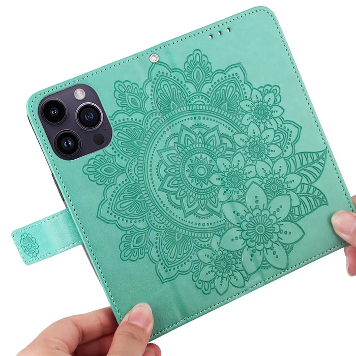 For iPhone 15 Pro Max Case Floral Pattern PU Leather Wallet Stand Phone Cover - Green - 5
