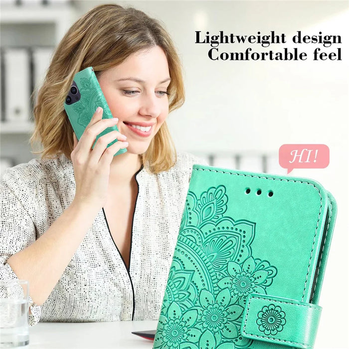 For iPhone 15 Pro Max Case Floral Pattern PU Leather Wallet Stand Phone Cover - Green - 7