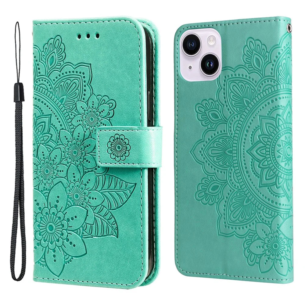 For iPhone 15 Case Floral Pattern PU Leather Wallet Stand Phone Cover - Green - 1