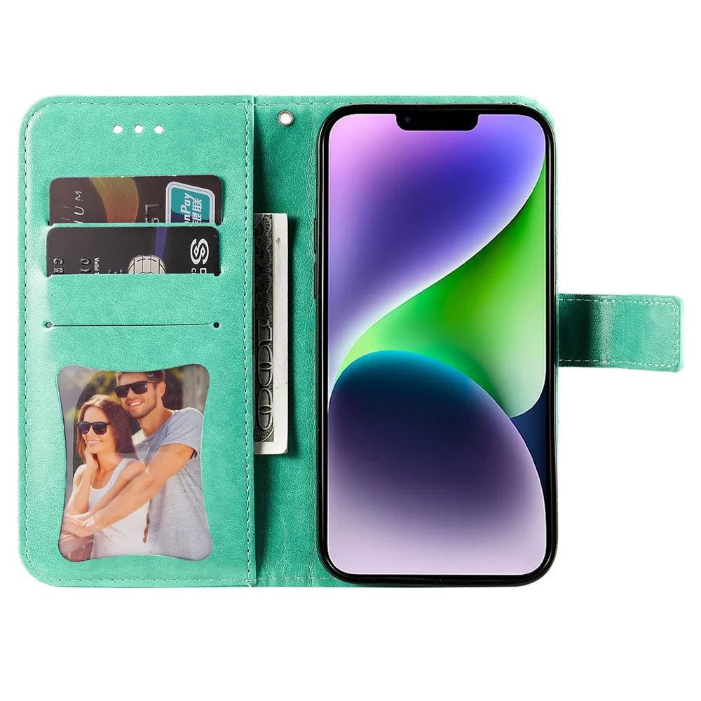 For iPhone 15 Case Floral Pattern PU Leather Wallet Stand Phone Cover - Green - 2