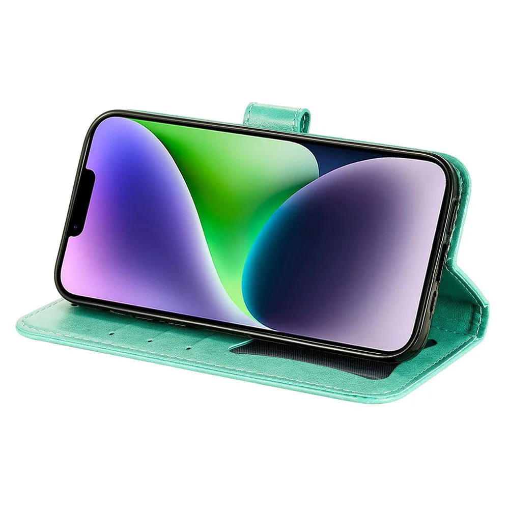 For iPhone 15 Case Floral Pattern PU Leather Wallet Stand Phone Cover - Green - 3