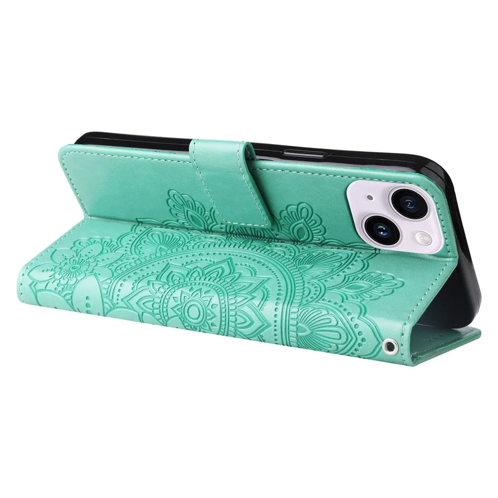 For iPhone 15 Case Floral Pattern PU Leather Wallet Stand Phone Cover - Green - 4