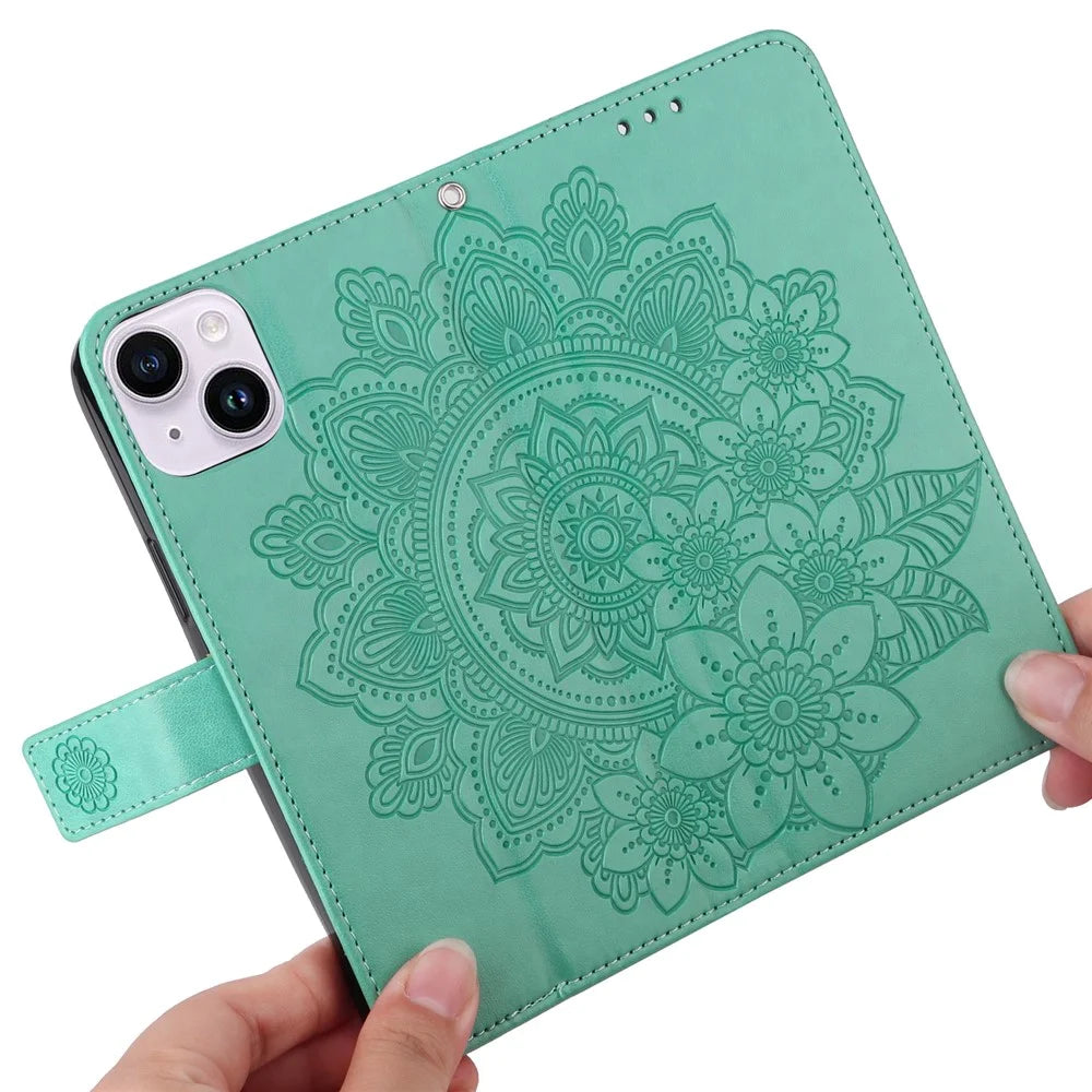 For iPhone 15 Case Floral Pattern PU Leather Wallet Stand Phone Cover - Green - 5