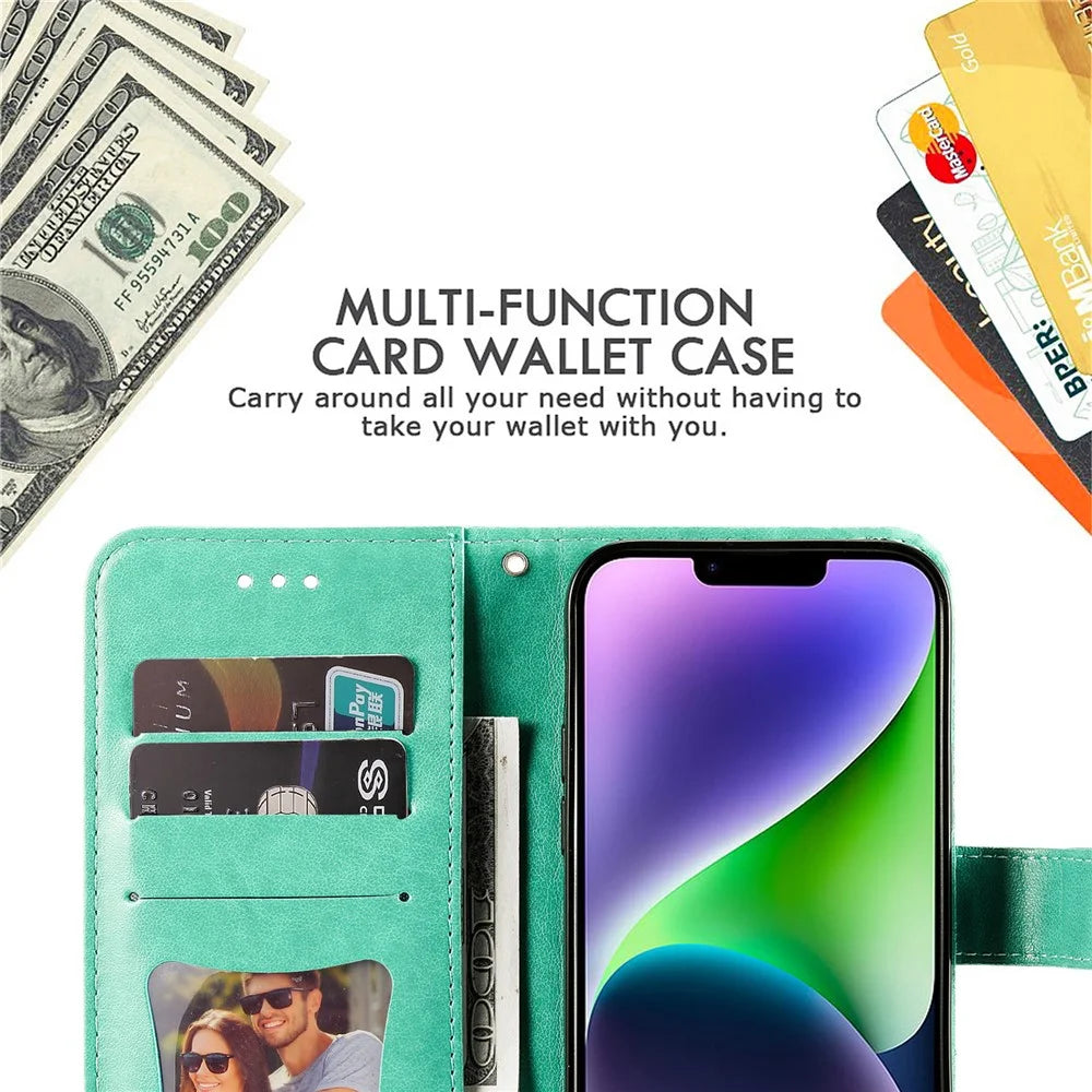 For iPhone 15 Case Floral Pattern PU Leather Wallet Stand Phone Cover - Green - 6