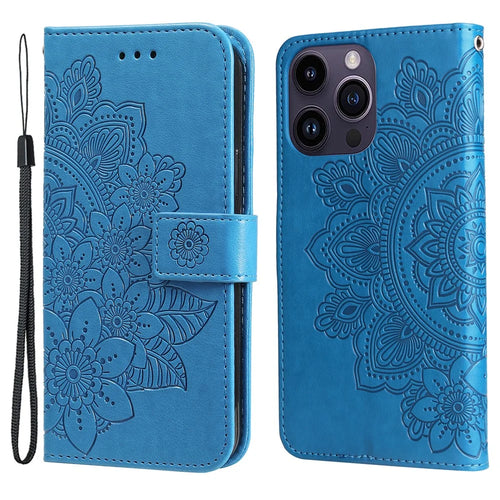 For iPhone 15 Pro Case Floral Pattern PU Leather Wallet Stand Phone Cover - Blue - 1